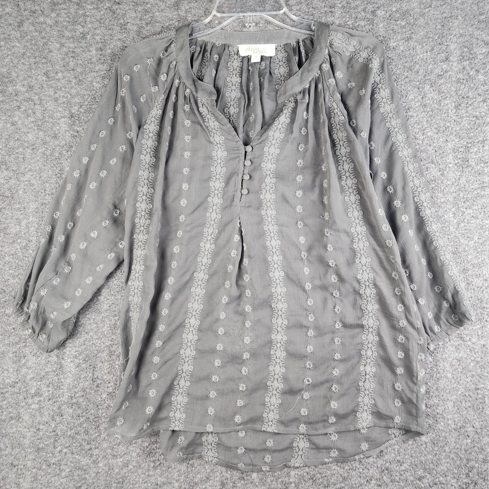 Olive‎ & Oak Blouse Womens Medium Gray Boho Embroidered V-Neck 3/4 Sleeve Top